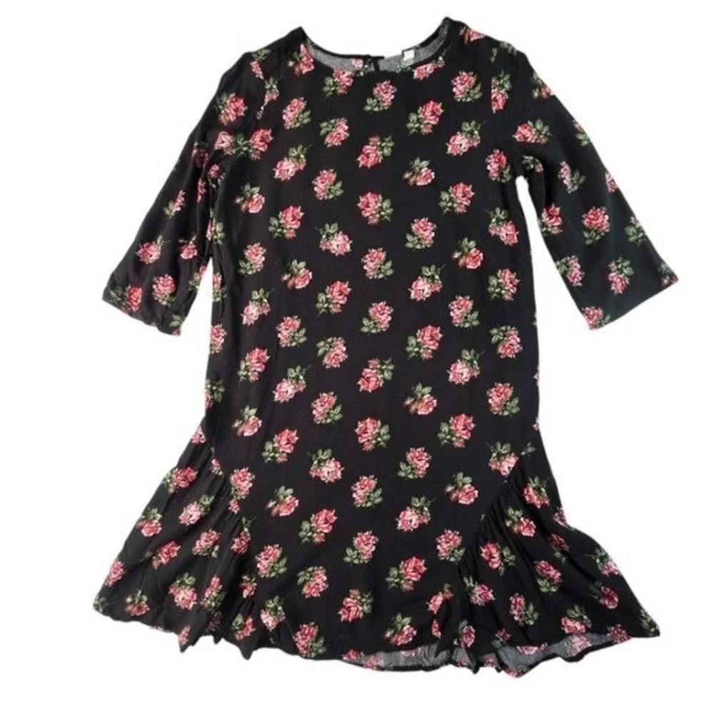 Gap Kids Floral Rose Shift Dress Girls XXL 14-16 Black Ruffle Drop Waist‎ Boho